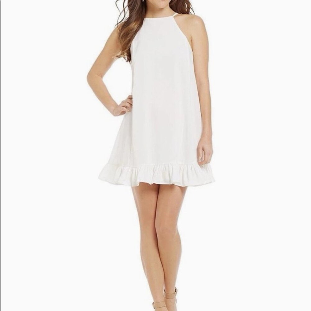 Gianni Bini Dress Sz M Strappy Halter Button Back Swing Flare Ruffle Hem